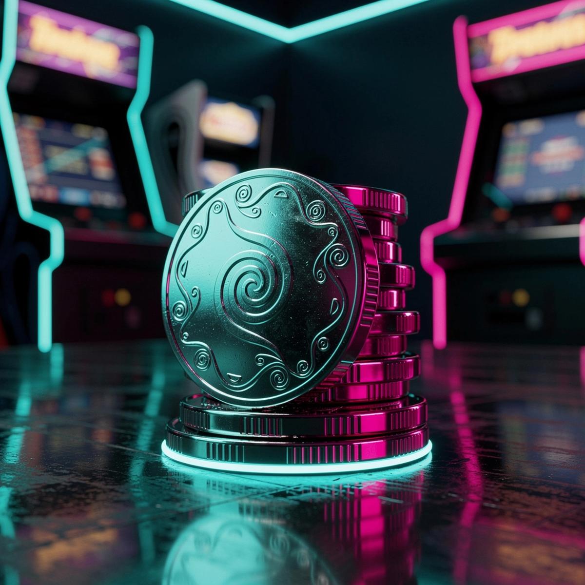 Arcade-style coin stack with neon highlights
